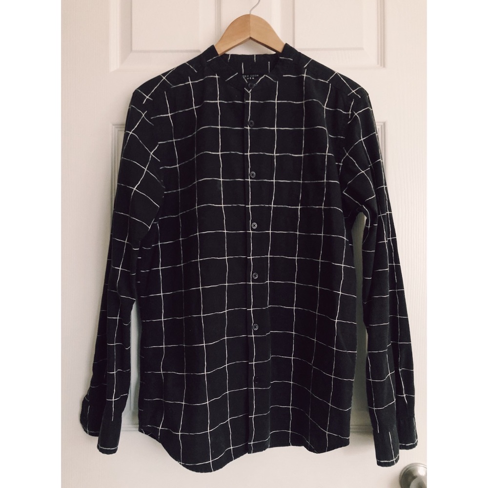 Windowpane Long Sleeve Grandad/Mandarin Collar